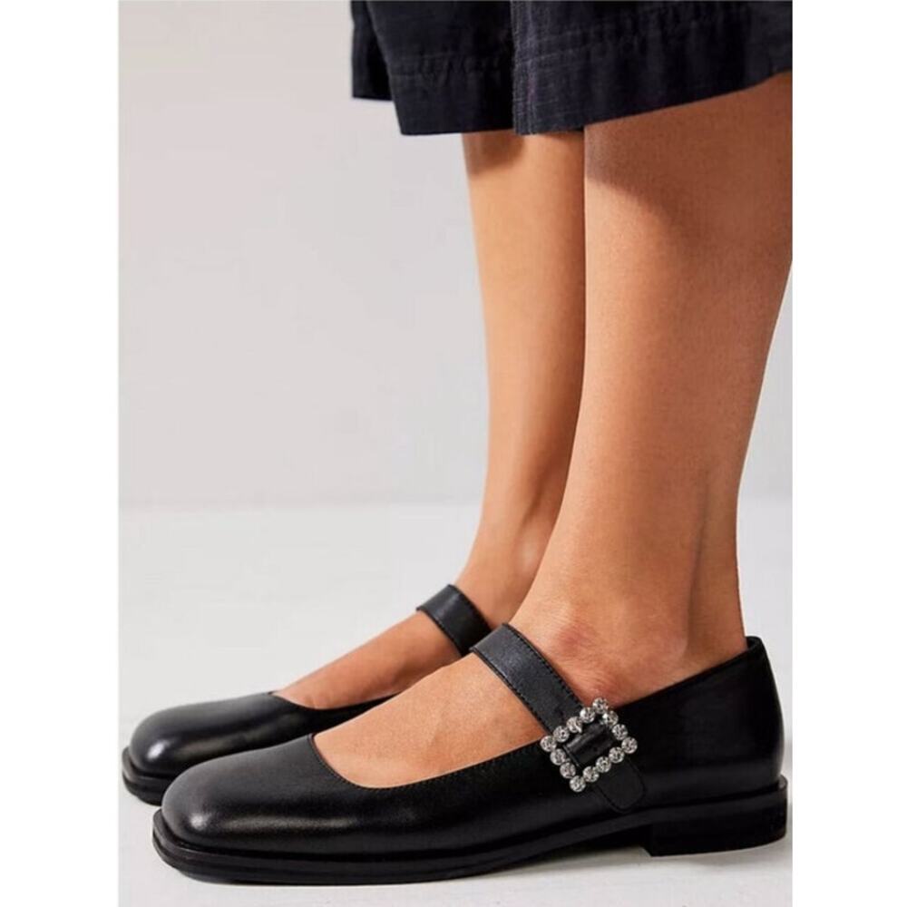 Free People FP Collection Rumor Diamante Mary Jane Black Leather Flats Size 6 - Picture 2 of 14